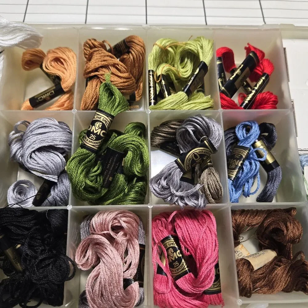 Lot of DMC Embroidery Floss Skeins with 17-Compartment Storage Organizer